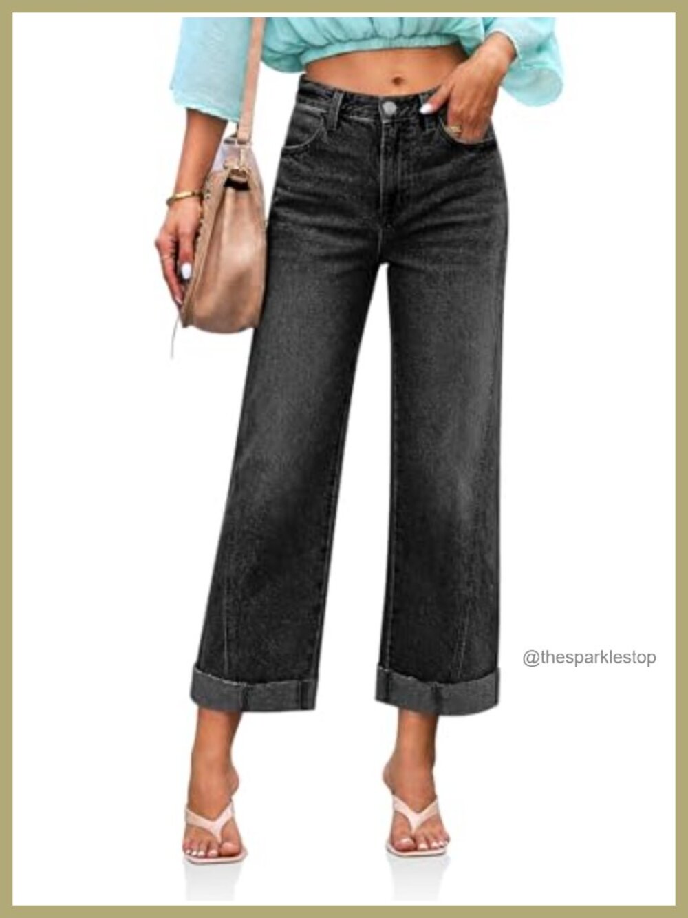 Cropped Wide Leg Cuffed Jeans High Rise Cotton Blend Denim Pants